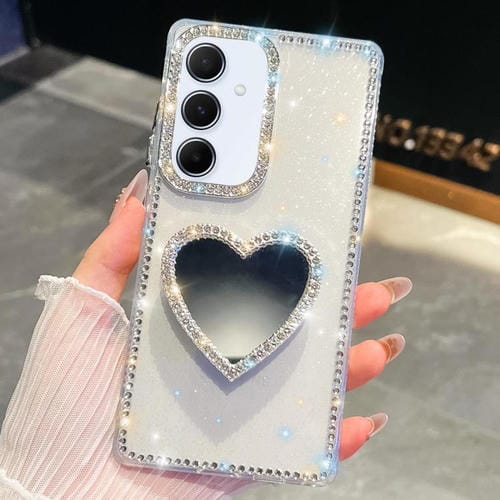 Funda transparente con forma de corazón y espejo con purpurina de diamante para Samsung Galaxy A55 5G