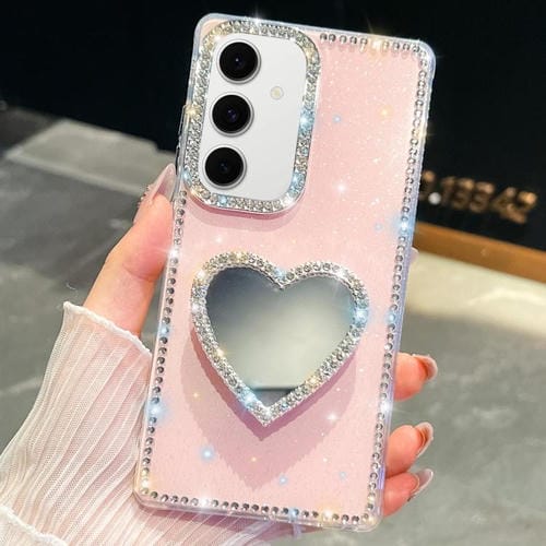 Funda con forma de corazón y espejo con purpurina de diamante para Samsung Galaxy S24 5G (rosa claro)