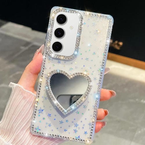 Funda para Samsung Galaxy S24 5G con purpurina de diamante y espejo con forma de corazón (estrellas transparentes)