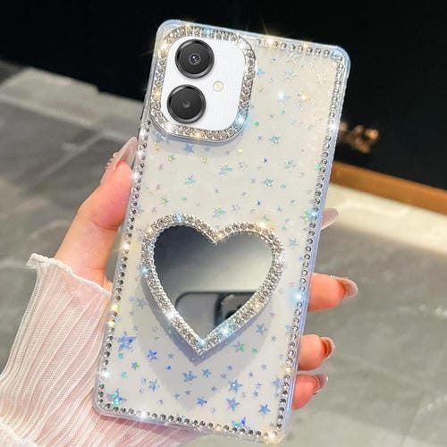 Funda para Samsung Galaxy A07 5G con purpurina de diamante y espejo con forma de corazón (estrellas transparentes)