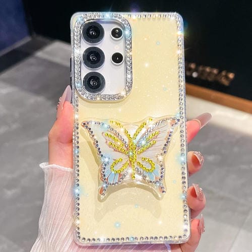 Funda con soporte para Samsung Galaxy S25 Ultra 5G, diseño de mariposa con purpurina y diamantes (amarillo claro)