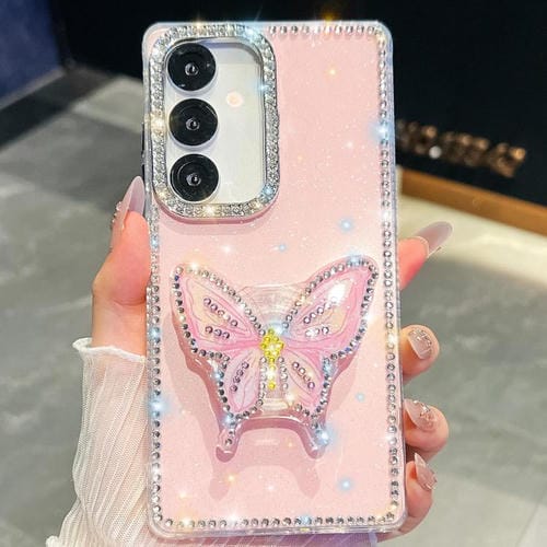 Funda con soporte para Samsung Galaxy S24 FE 5G, diseño de mariposa y diamantes (rosa claro)