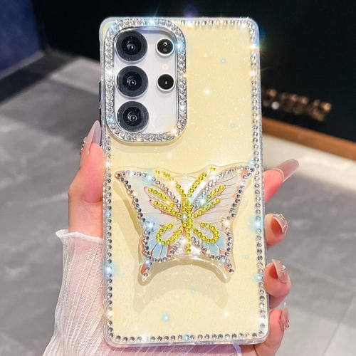 Funda con soporte para Samsung Galaxy S23 Ultra 5G, diseño de mariposa con purpurina y diamantes (amarillo claro)