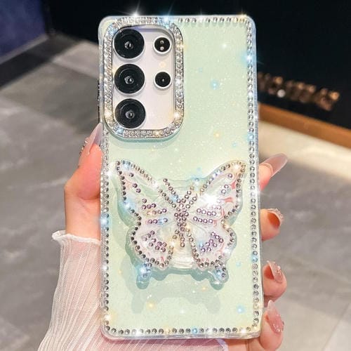 Funda con soporte para Samsung Galaxy S23 Ultra 5G, diseño de mariposa con purpurina y diamantes (verde claro)
