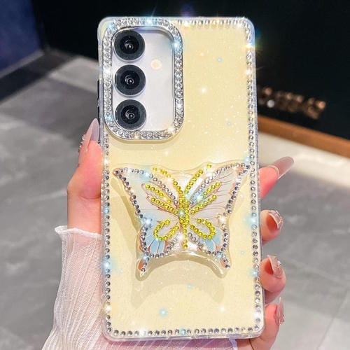 Funda con soporte para Samsung Galaxy A07 5G, diseño de mariposa con purpurina y diamantes (amarillo claro)