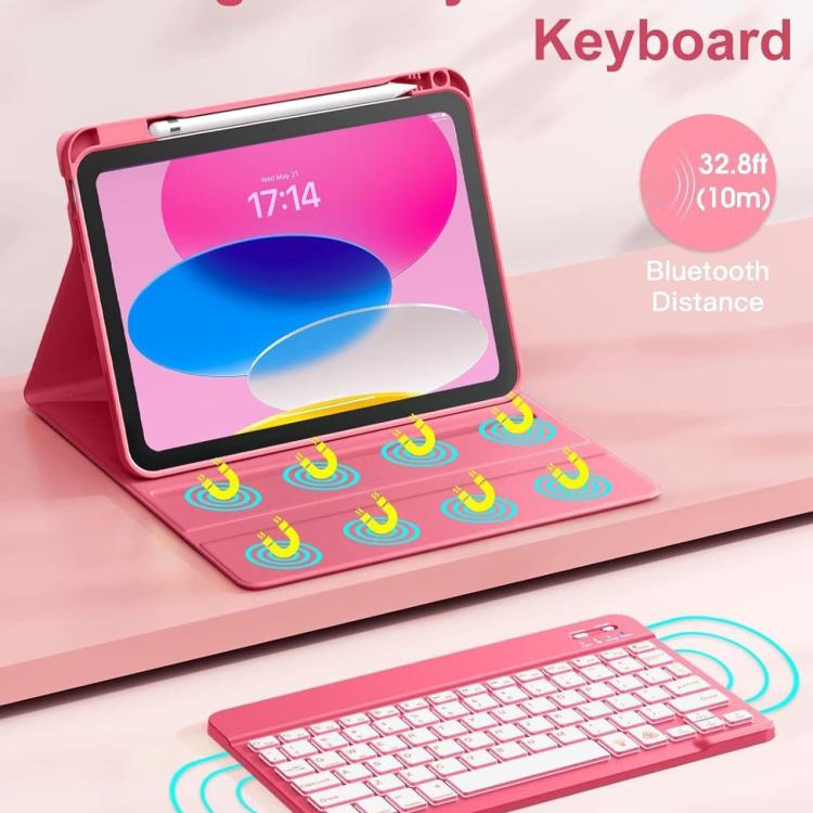 Funda de silicona con teclado Bluetooth para iPad 2022, con ranura para bolígrafo (rosa cereza)