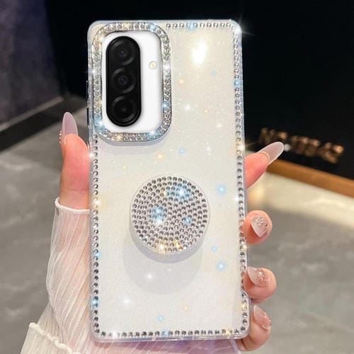 Funda con soporte redondo y purpurina de diamante para Samsung Galaxy A26 5G (blanca)