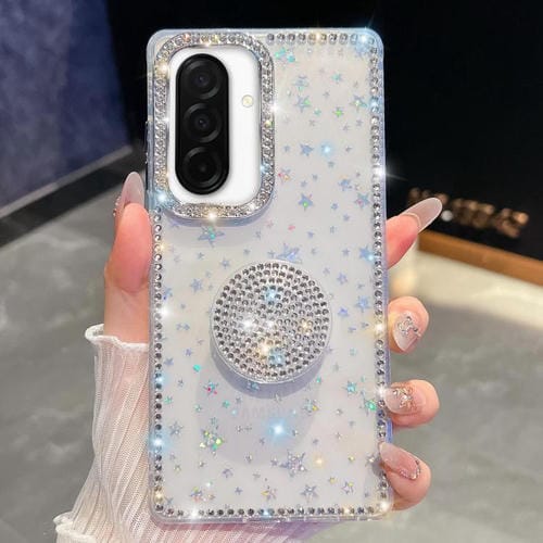 Funda para Samsung Galaxy A26 5G con purpurina y diamantes redondos (estrellas transparentes)