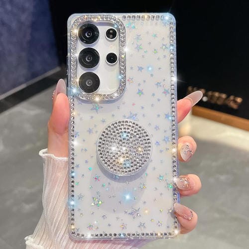 Funda para Samsung Galaxy S25 Ultra 5G con purpurina y diamantes redondos (estrellas transparentes)