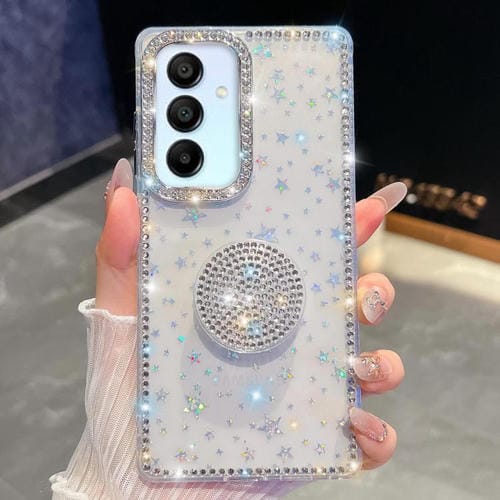 Funda para Samsung Galaxy A15 5G con purpurina y diamantes redondos (estrellas transparentes)