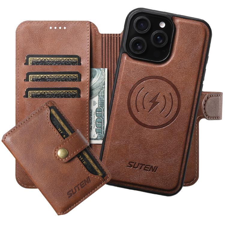 Funda de cuero Suteni Q05S1 3 en 1 con billetera desmontable y MagSafe para iPhone 16 Pro (marrón)