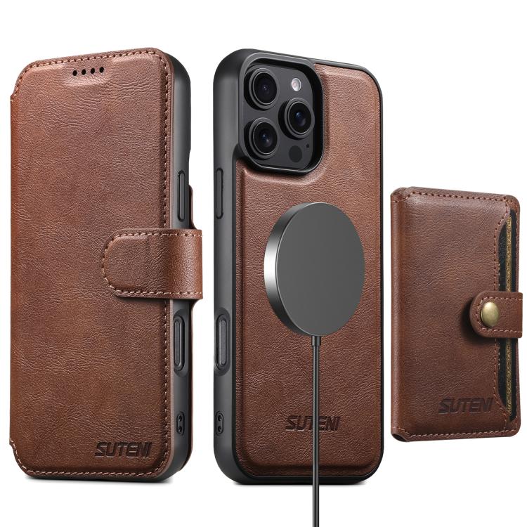 Funda de cuero Suteni Q05S1 3 en 1 con billetera desmontable y MagSafe para iPhone 16 Pro (marrón)