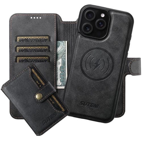 Funda de cuero Suteni Q05S1 3 en 1 con función de billetera desmontable y MagSafe para iPhone 16 Pro Max (negra)