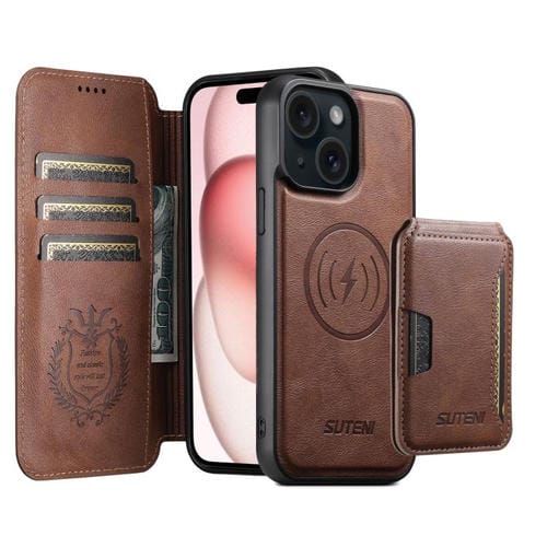 Funda de cuero Suteni Q05S3 3 en 1 con tapa vertical desmontable y función MagSafe para iPhone 15 (marrón)