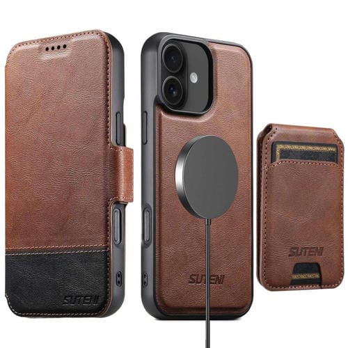 Funda de cuero Suteni Q06S2 3 en 1 con tapa vertical desmontable y cierre MagSafe para iPhone 16 (marrón)