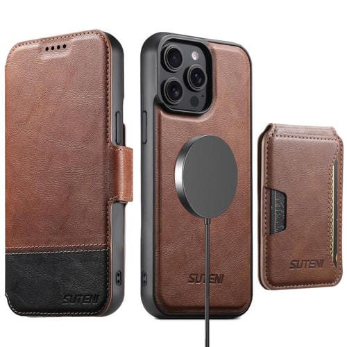 Funda de cuero Suteni Q06S3 3 en 1 con tapa vertical desmontable y cierre magnético para iPhone 13 Pro Max (marrón)