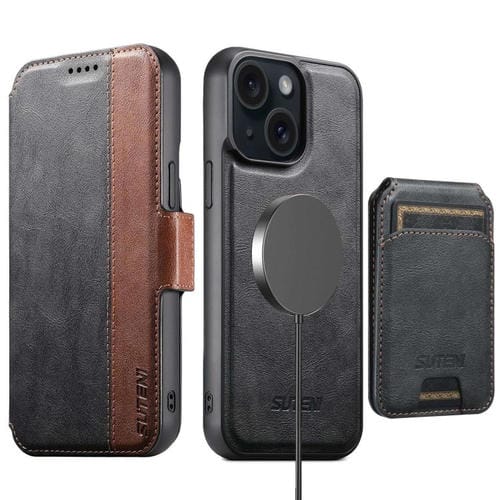Funda de cuero Suteni Q07S2 3 en 1 con tapa vertical desmontable y cierre MagSafe para iPhone 15 (negro)