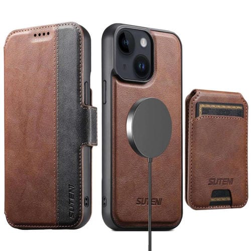 Funda de cuero Suteni Q07S2 3 en 1 con tapa vertical desmontable y cierre MagSafe para iPhone 14 (marrón)