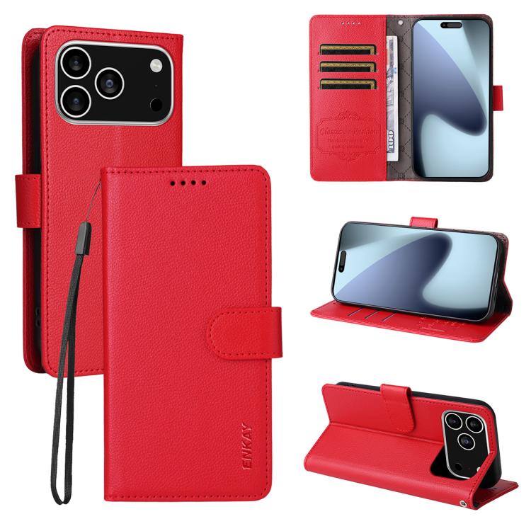 ENKAY - Funda de piel con textura de lichi y función atril para iPhone 17 Pro Max (roja)
