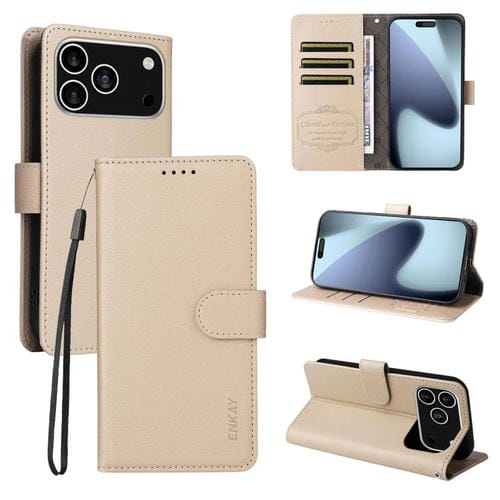 ENKAY - Funda de piel con textura de lichi y función atril para iPhone 17 Pro Max (beige)