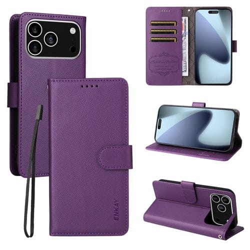 ENKAY - Funda de piel con textura de lichi y función atril para iPhone 17 Pro Max (morado)