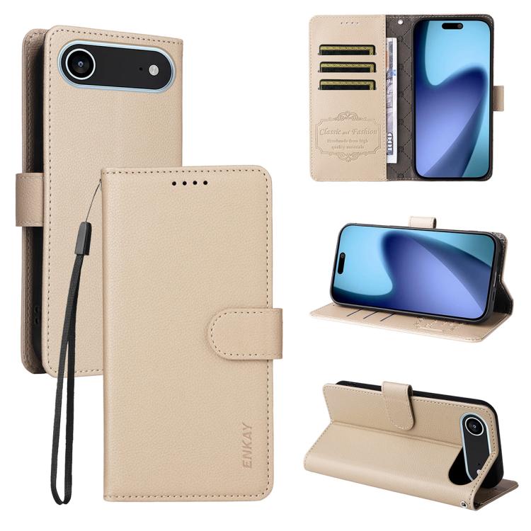 ENKAY - Funda de piel con textura de lichi y bloqueo RFID para iPhone 17 Air (beige)