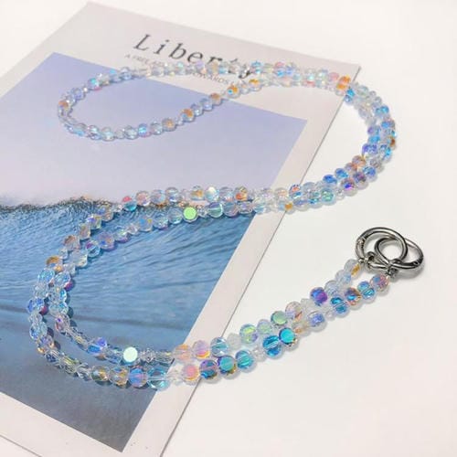 Cadena larga para teléfono móvil con perla de cristal (blanco cristalino)