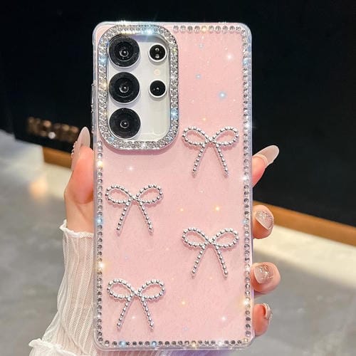 Funda antigolpes con lazo de cuatro esquinas y purpurina de diamante para Samsung Galaxy A26 5G (rosa claro)