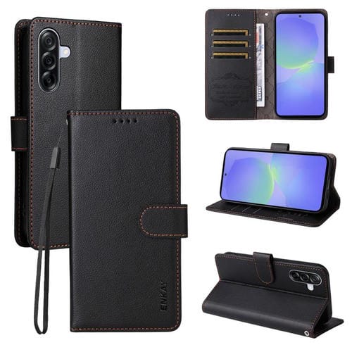 Funda de cuero con textura de lichi y soporte para Samsung Galaxy A36 5G / A36 5G JP ENKAY con bloqueo RFID (negro)