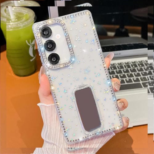 Funda de TPU con purpurina y diamantes de imitación para Samsung Galaxy A17 5G, anticaída, con 4 esquinas y soporte (Estrellas transparentes)