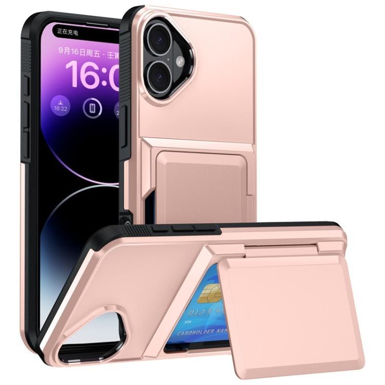 Funda abatible para iPhone 16 Plus con tarjetero, a prueba de golpes (oro rosa)