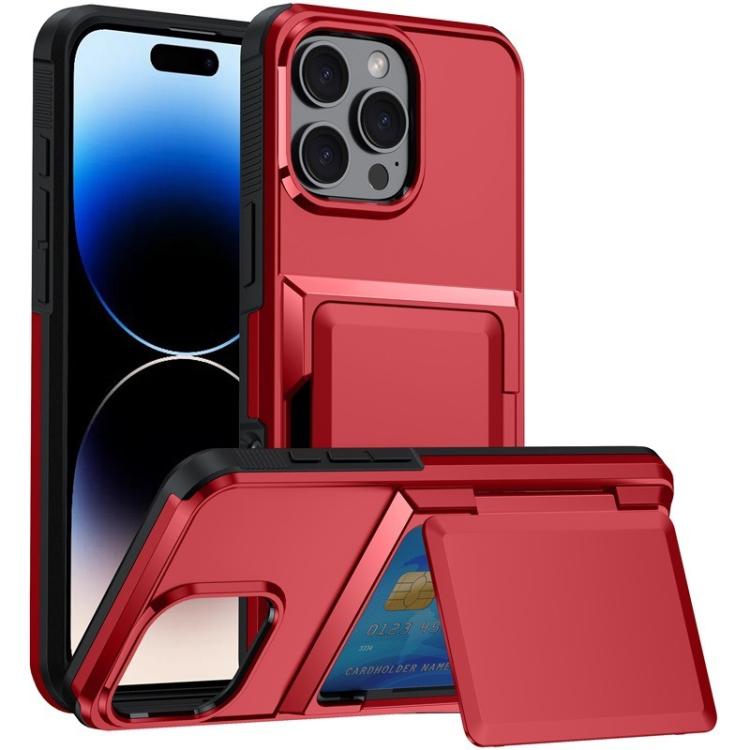 Funda a prueba de golpes con tarjetero y tapa Kalebol para iPhone 14 Pro (roja)