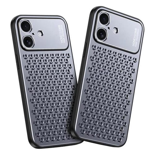 Funda hueca transpirable y refrescante de metal Kalebol para iPhone 16 Plus (gris)