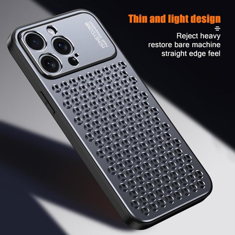 Funda hueca transpirable y refrescante de metal Kalebol para iPhone 15 Pro (gris)