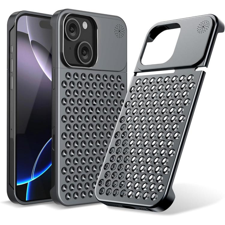 Funda refrescante de aleación de aluminio Kalebol para aromaterapia para iPhone 15 Plus (gris)