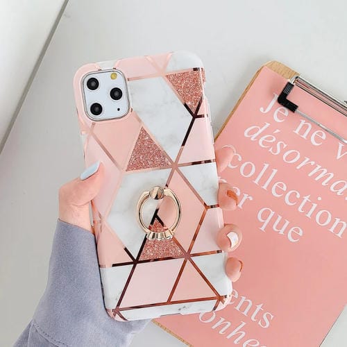Funda para iPhone 11 Pro TPU Plating Patrón Geométrico Mosaico Mármol con Anillo Soporte (Rosa)