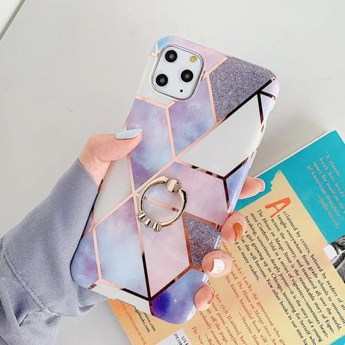 Funda para iPhone 11 Pro TPU Plating Patrón Geométrico Mosaico Mármol con Anillo Soporte (Púrpura)