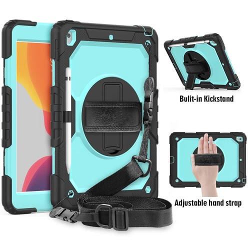 Funda para iPad 10.2 Gel de Sílice a Prueba de Golpes con Soporte Correa y Ranura para Bolígrafo (Negro + Verde Azulado)