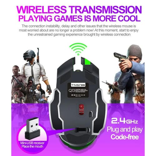 Ratón Inalámbrico T-Wolf Q13 para Juegos 2,4 GHz con 6 Teclas y Luz RGB (Gris) Modo Dual