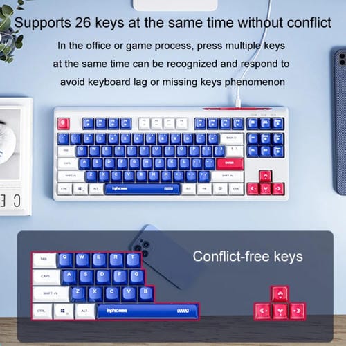 Teclado Mecánico con Cable Inphic K902 de 87 Teclas con Luz y Silencio para Juegos, Oficina y Hogar (Blanco y Azul)