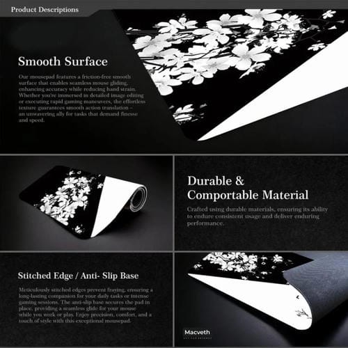 Alfombrilla de Ratón Antideslizante de Goma con Diseño de Flor de Cerezo y Pintura en Tinta 400 x 900 x 2 mm (Patrón 3)