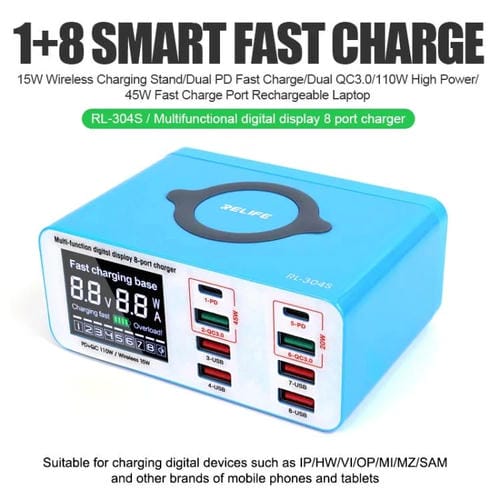 Cargador Rápido Relife Rl-304S 8 Puertos Pantalla Digital Usb PD+QC3.0 (Enchufe Estadounidense)