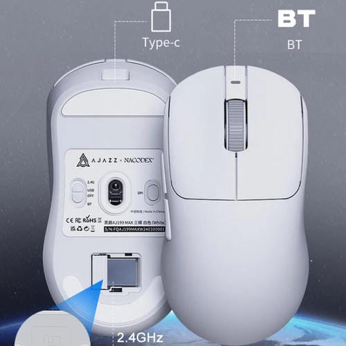 Ratón Inalámbrico Ajazz Aj199 Max Paw3395 con Cable 2,4 GHz y Bluetooth Tres Modos para Juegos (Blanco)