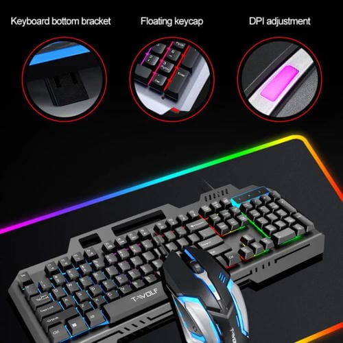 Combo Teclado y Ratón T-Wolf TF600 Retroiluminado con Cable 104 Teclas Panel Metálico Soporte para Teléfono (Negro)