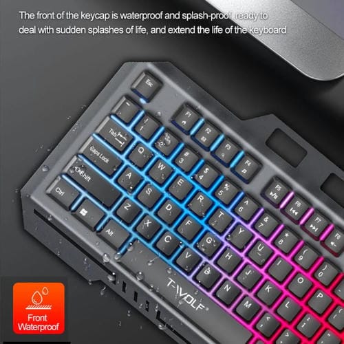 Combo Teclado y Ratón T-Wolf TF600 Retroiluminado con Cable 104 Teclas Panel Metálico Soporte para Teléfono (Negro)