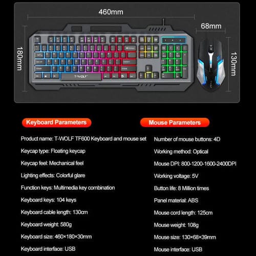 Combo Teclado y Ratón T-Wolf TF600 Retroiluminado con Cable 104 Teclas Panel Metálico Soporte para Teléfono (Negro)