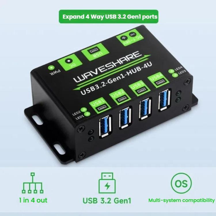 Hub USB WAVESHARE USB 3.2 Gen1 4 vías extensor carcasa metálica (Plata)