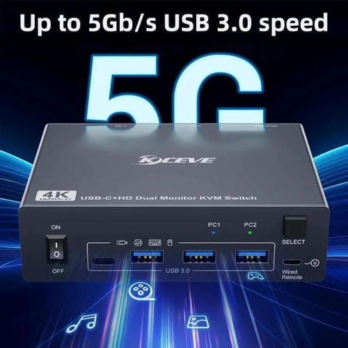 Conmutador KVM KVEVE KC-KVM202CH USB 3.0 doble monitor 4K 60 Hz (Enchufe australiano)
