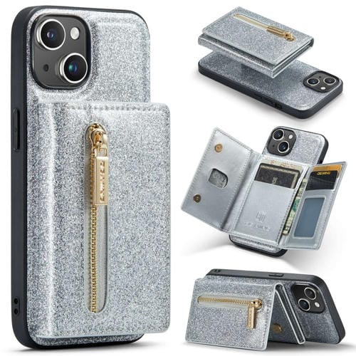 Para iPhone 15 Dg.Ming M3 Series Glitter Powder Card Bag Funda de Cuero para Teléfono (Plata) - MOVILSTORE