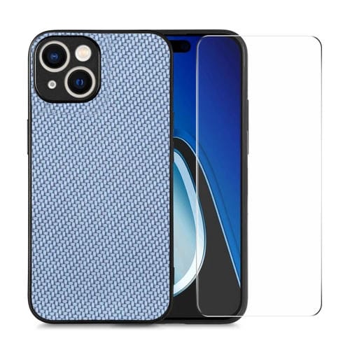 Para iPhone 15 Enkay Funda para Teléfono con Piel de Cuero y Fibra para PC con Película de Vidrio con Alto Contenido de Aluminio y Silicio (Azul) - MOVILSTORE